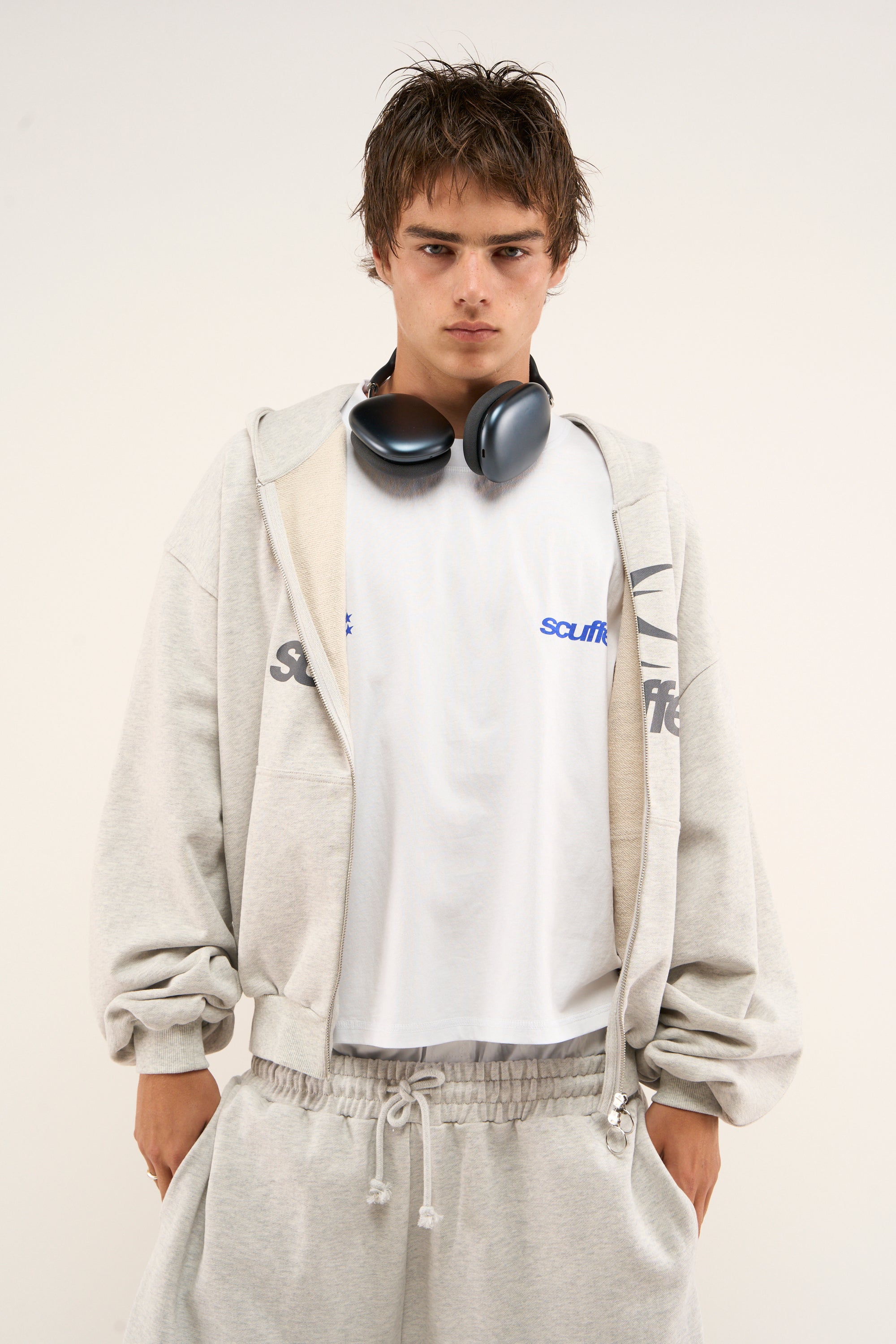 Sweat à capuche zippé gris chiné avec logo