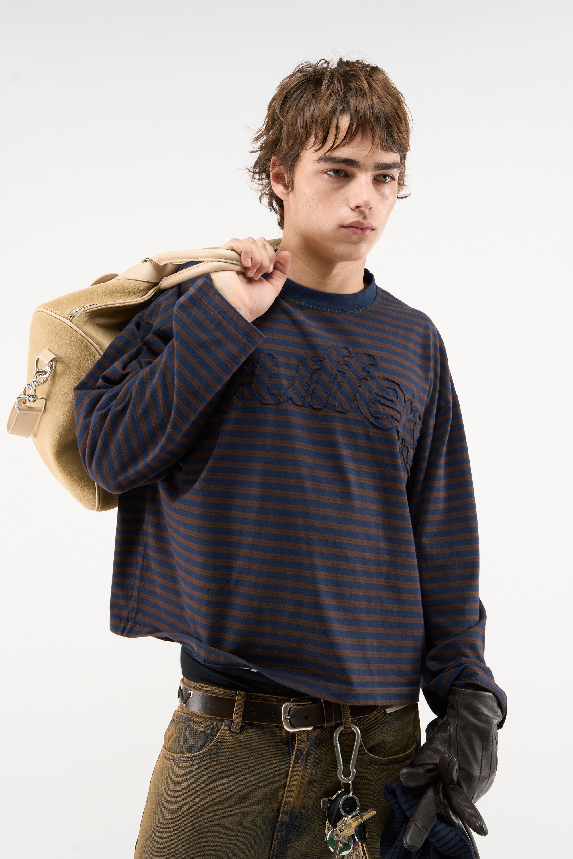 Chemise à manches longues marron à rayures brutes